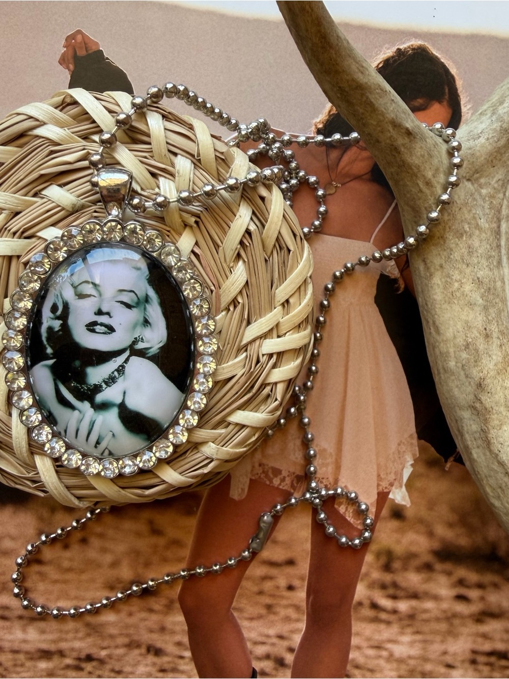 Hollywood Glamour Pendant Necklace, Rhinestone Oval Frame, Silver Ball Chain